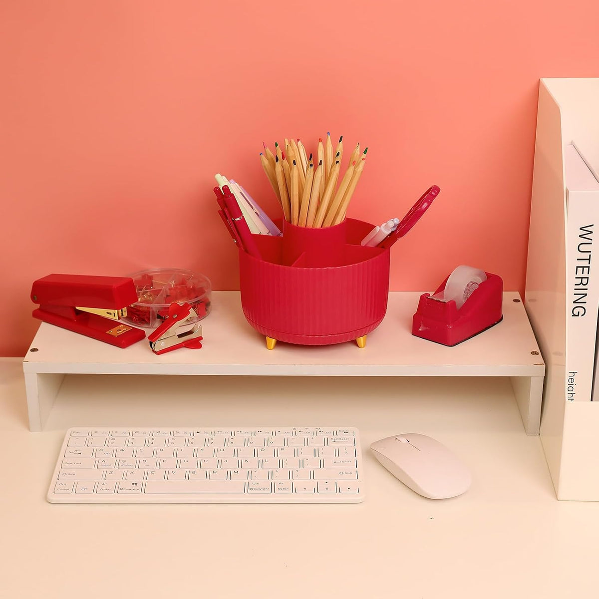 Pink Desk Accessories 11Pcs with Rotating Pen Holder for Desk