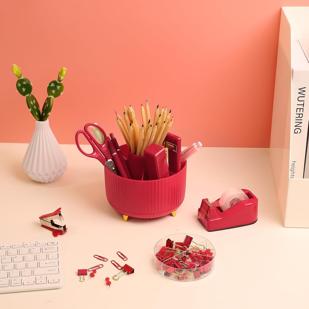 Pink Desk Accessories 11Pcs with Rotating Pen Holder for Desk