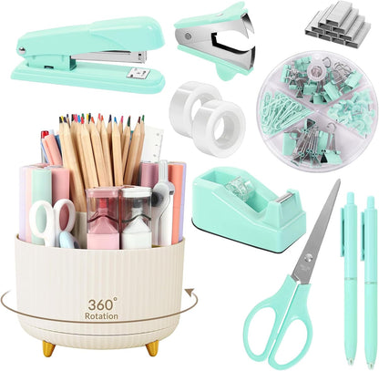 Pink Desk Accessories 11Pcs with Rotating Pen Holder for Desk