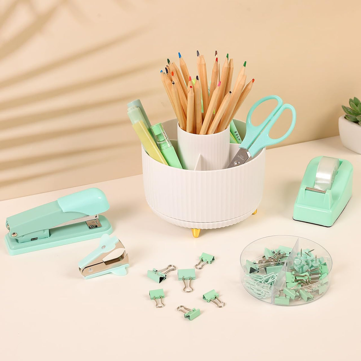 Pink Desk Accessories 11Pcs with Rotating Pen Holder for Desk