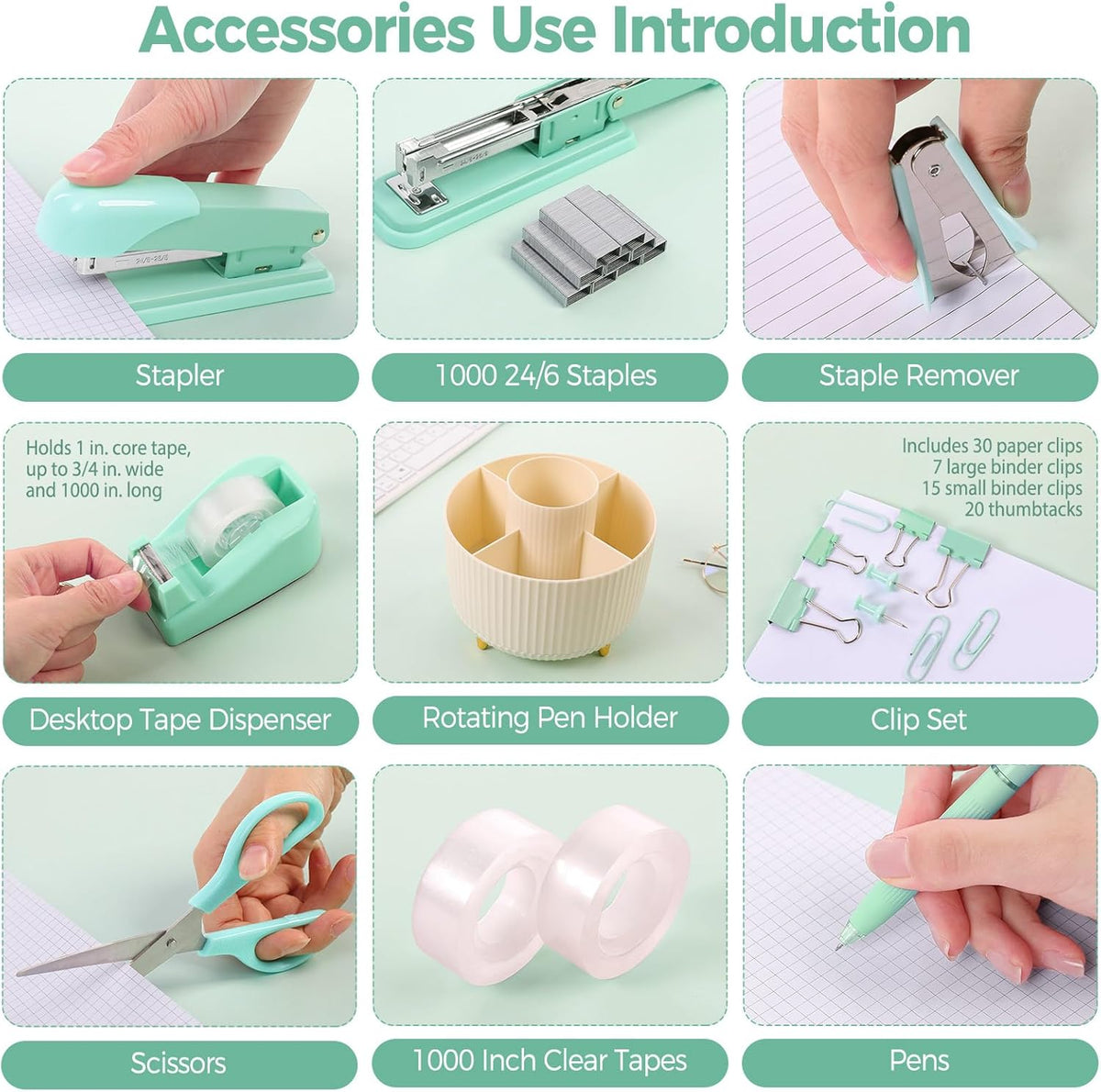Pink Desk Accessories 11Pcs with Rotating Pen Holder for Desk
