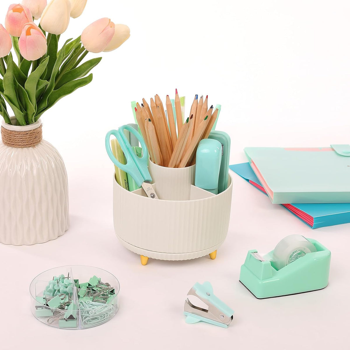 Pink Desk Accessories 11Pcs with Rotating Pen Holder for Desk