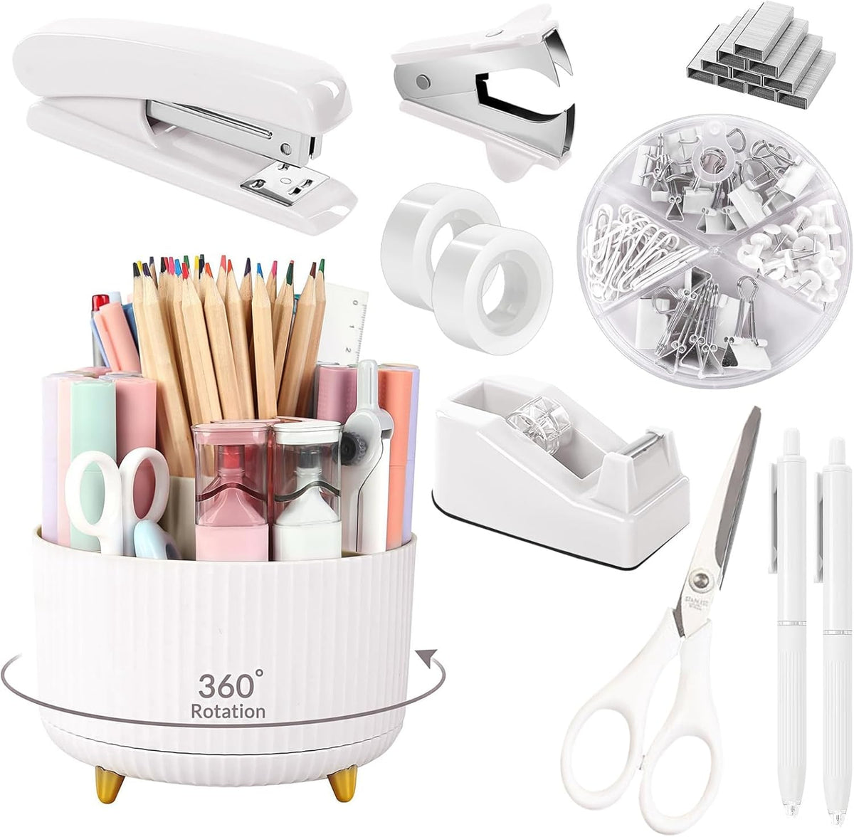 Pink Desk Accessories 11Pcs with Rotating Pen Holder for Desk
