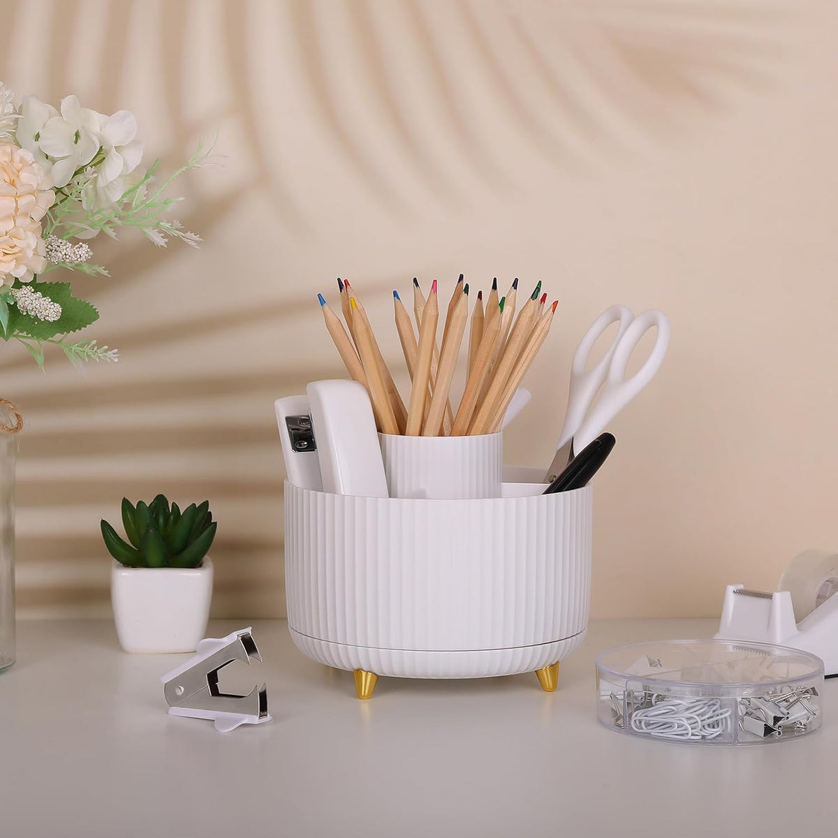 Pink Desk Accessories 11Pcs with Rotating Pen Holder for Desk