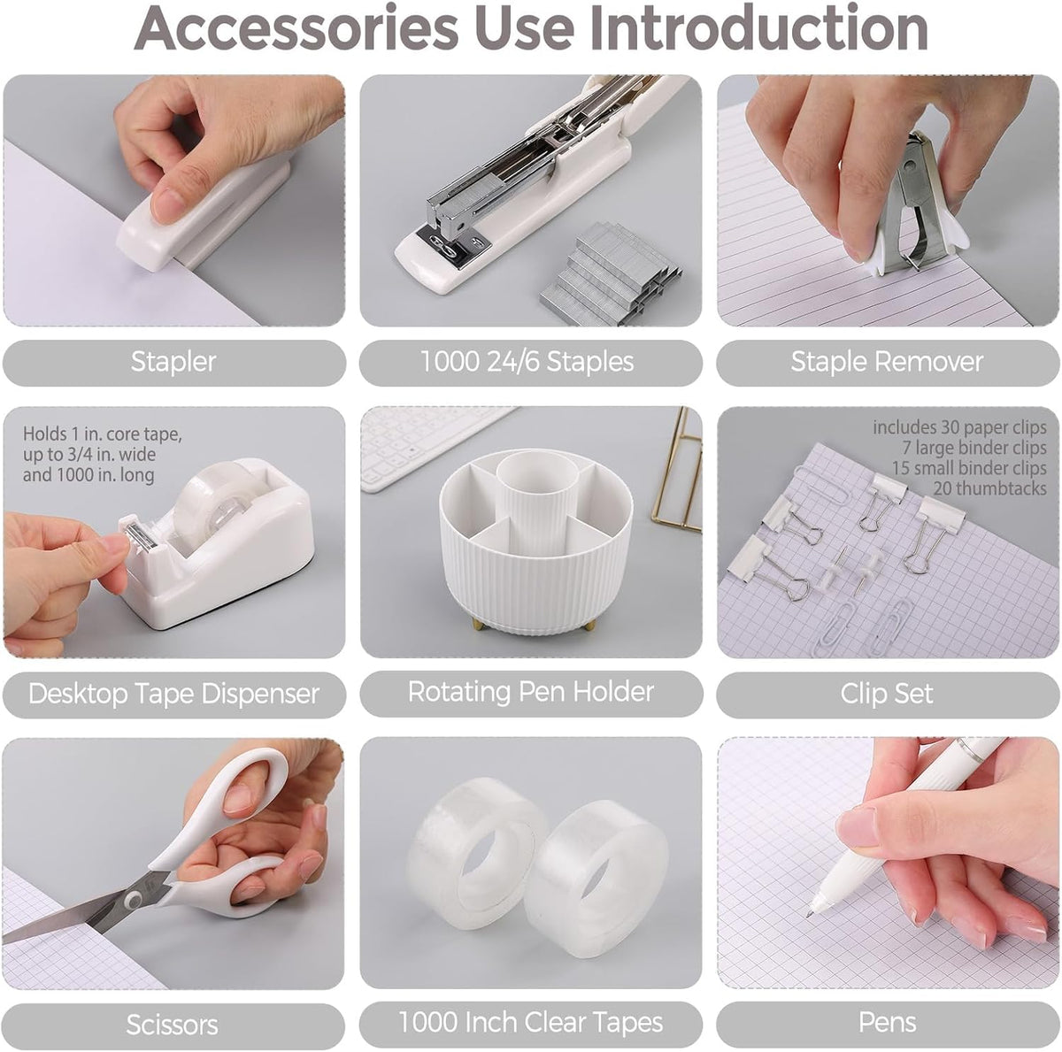 Pink Desk Accessories 11Pcs with Rotating Pen Holder for Desk