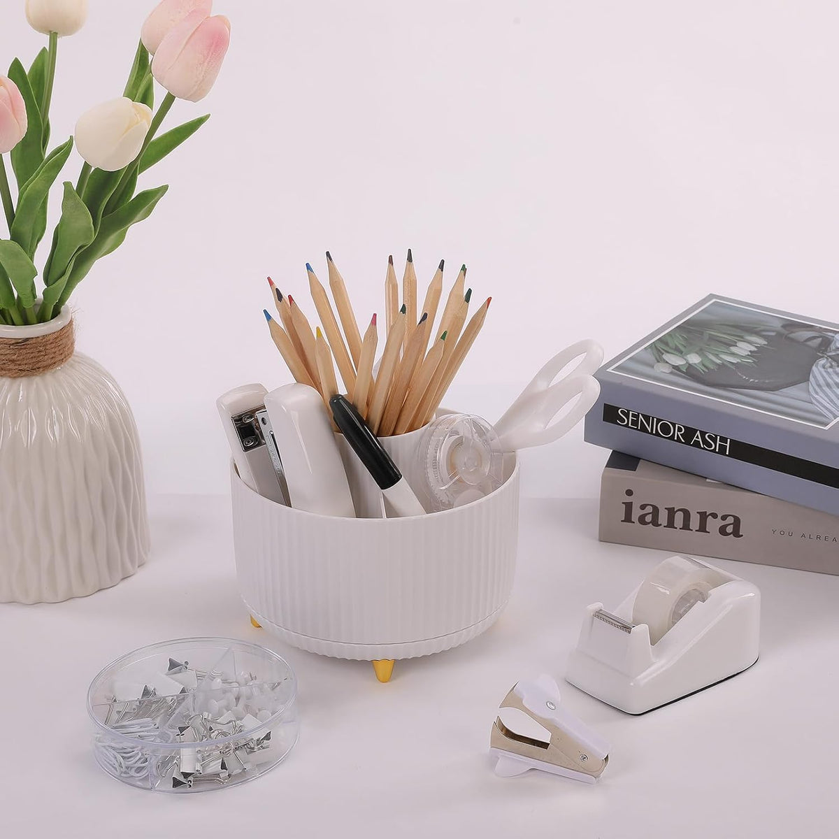 Pink Desk Accessories 11Pcs with Rotating Pen Holder for Desk