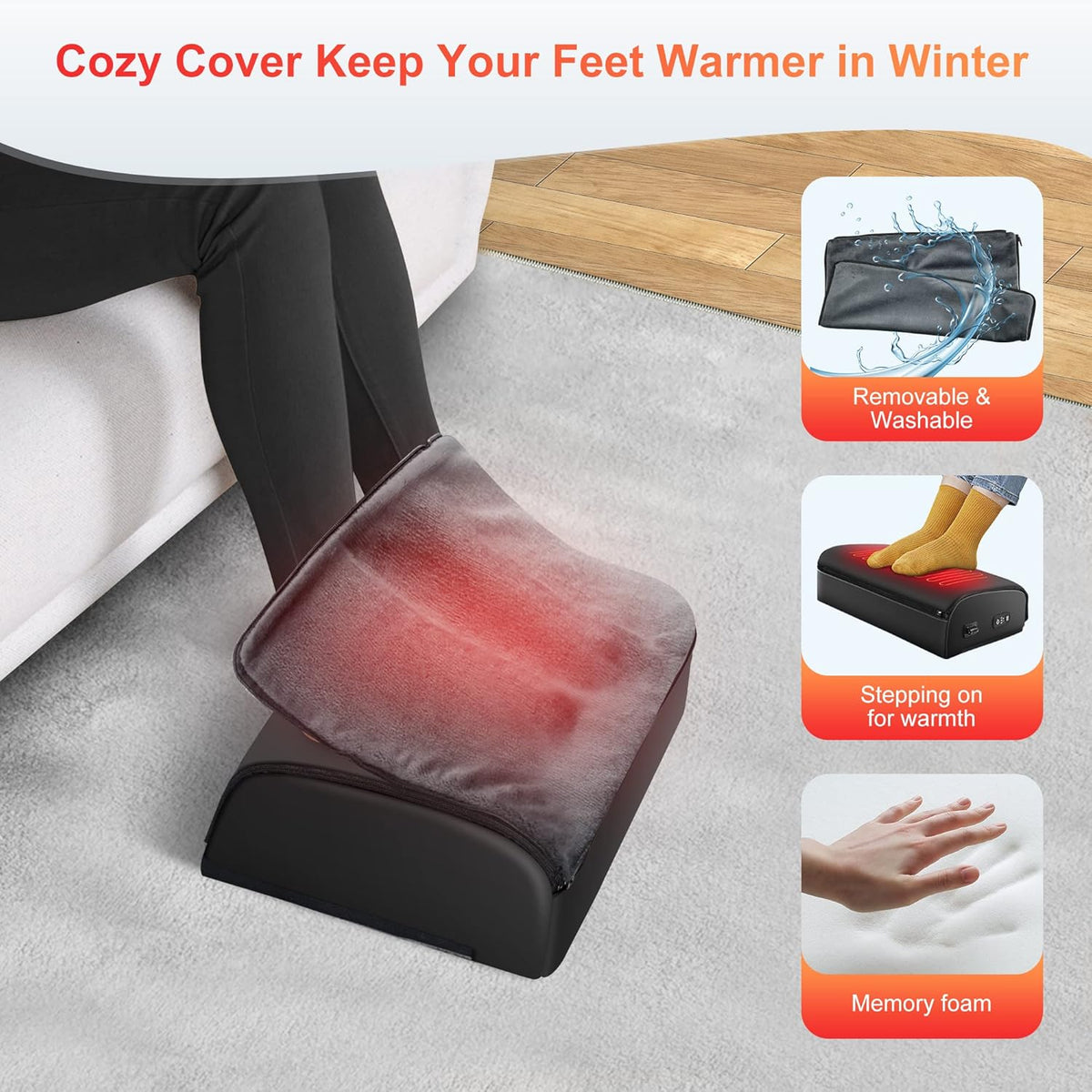 2026 Under Desk Foot Rest at Work with Graphene Fast Heat, Ergonomic Heated Foot Stand with 2 Heights, 3 Heat Levels & 3 Vibration Modes, Heel Support for Back and Leg Pain Relief, Office Home