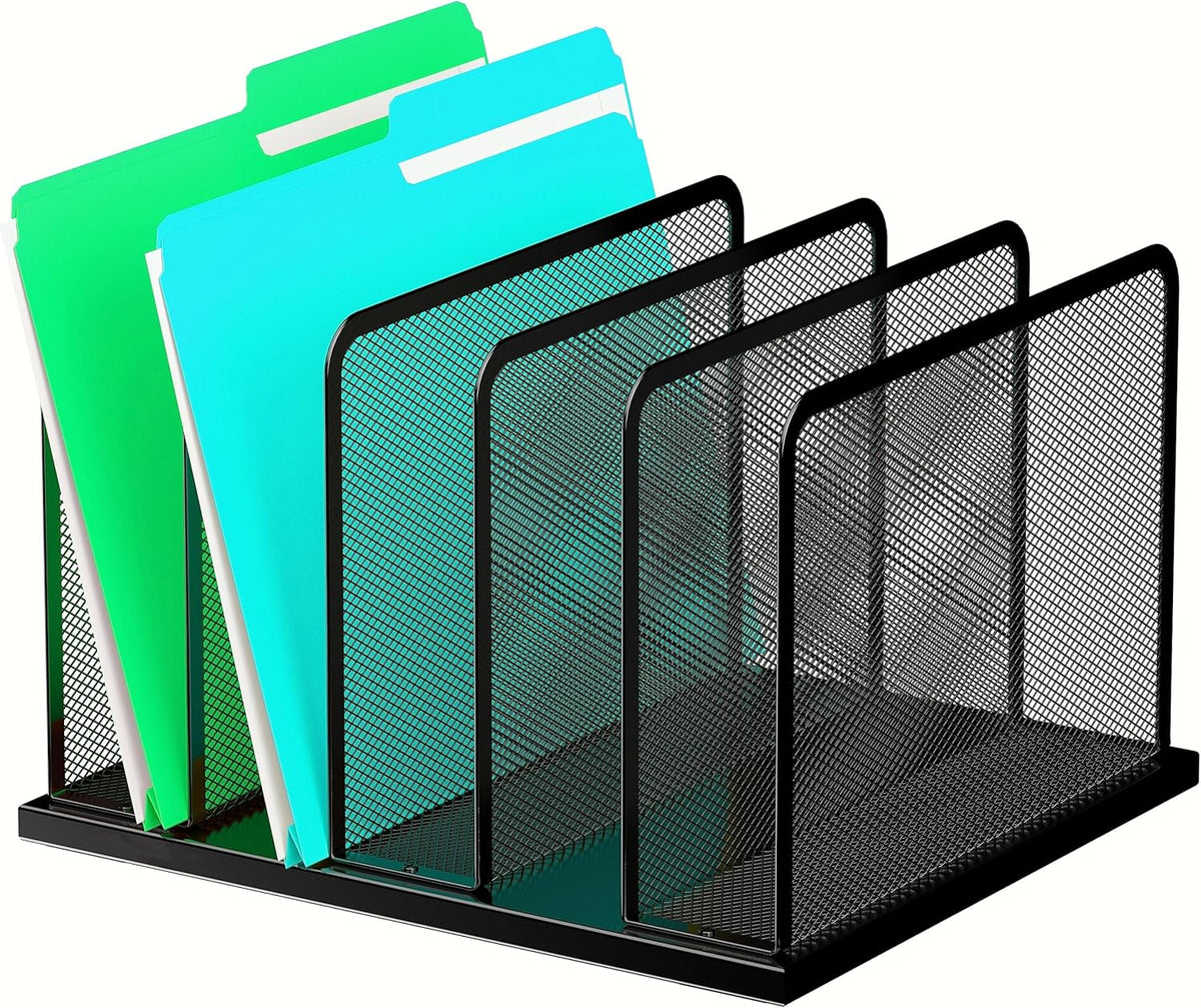 Desk File Organizer Upright Mesh Desktop Organizer File Sorter Office Organization File Holder for Home, Office & Classroom (Black, 5-Section)