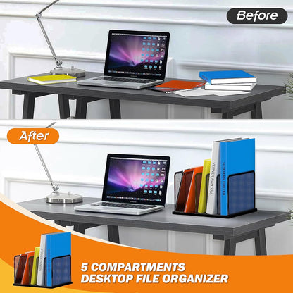 Desk File Organizer Upright Mesh Desktop Organizer File Sorter Office Organization File Holder for Home, Office & Classroom (Black, 5-Section)