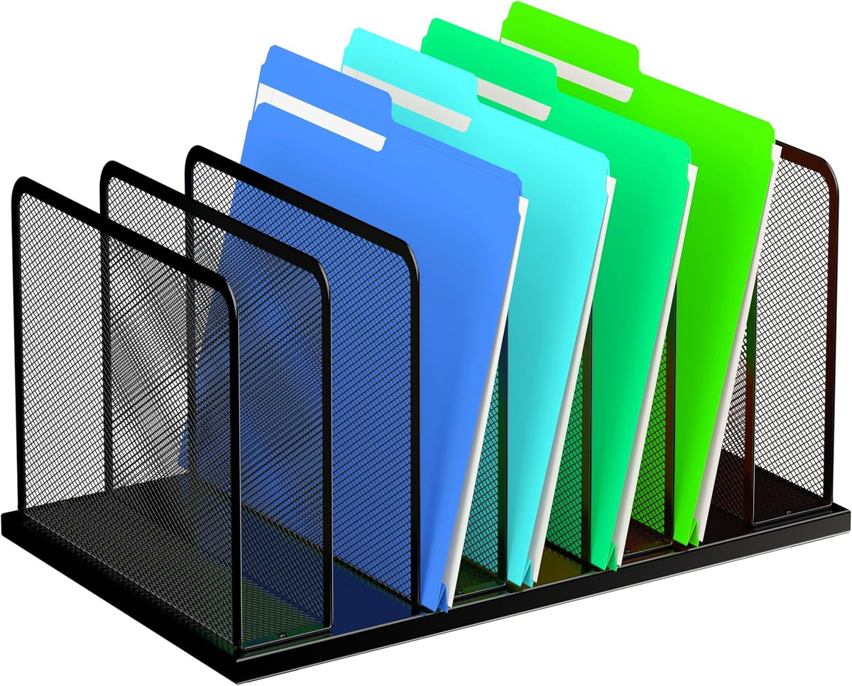 Desk File Organizer Upright Mesh Desktop Organizer File Sorter Office Organization File Holder for Home, Office & Classroom (Black, 5-Section)