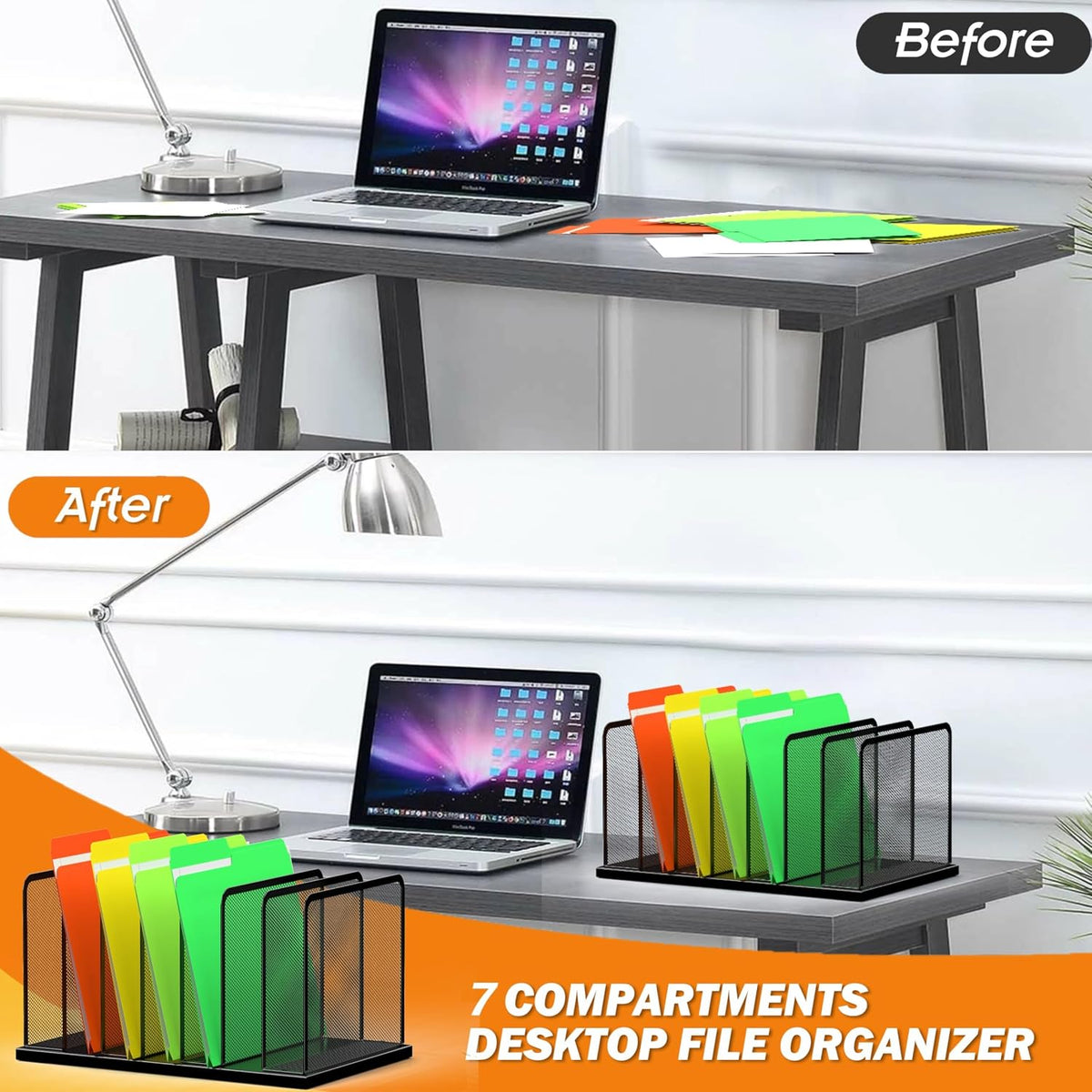 Desk File Organizer Upright Mesh Desktop Organizer File Sorter Office Organization File Holder for Home, Office & Classroom (Black, 5-Section)