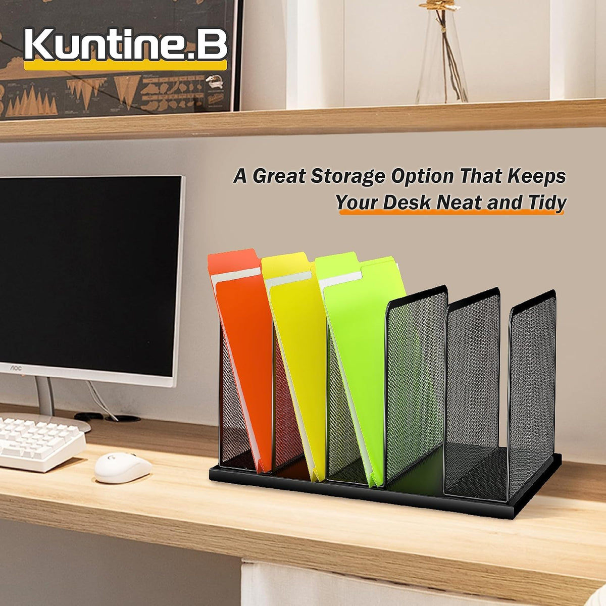 Desk File Organizer Upright Mesh Desktop Organizer File Sorter Office Organization File Holder for Home, Office & Classroom (Black, 5-Section)