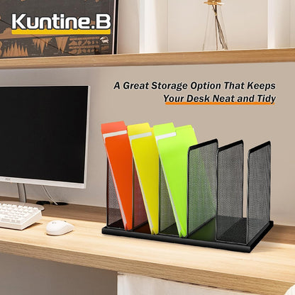 Desk File Organizer Upright Mesh Desktop Organizer File Sorter Office Organization File Holder for Home, Office & Classroom (Black, 5-Section)