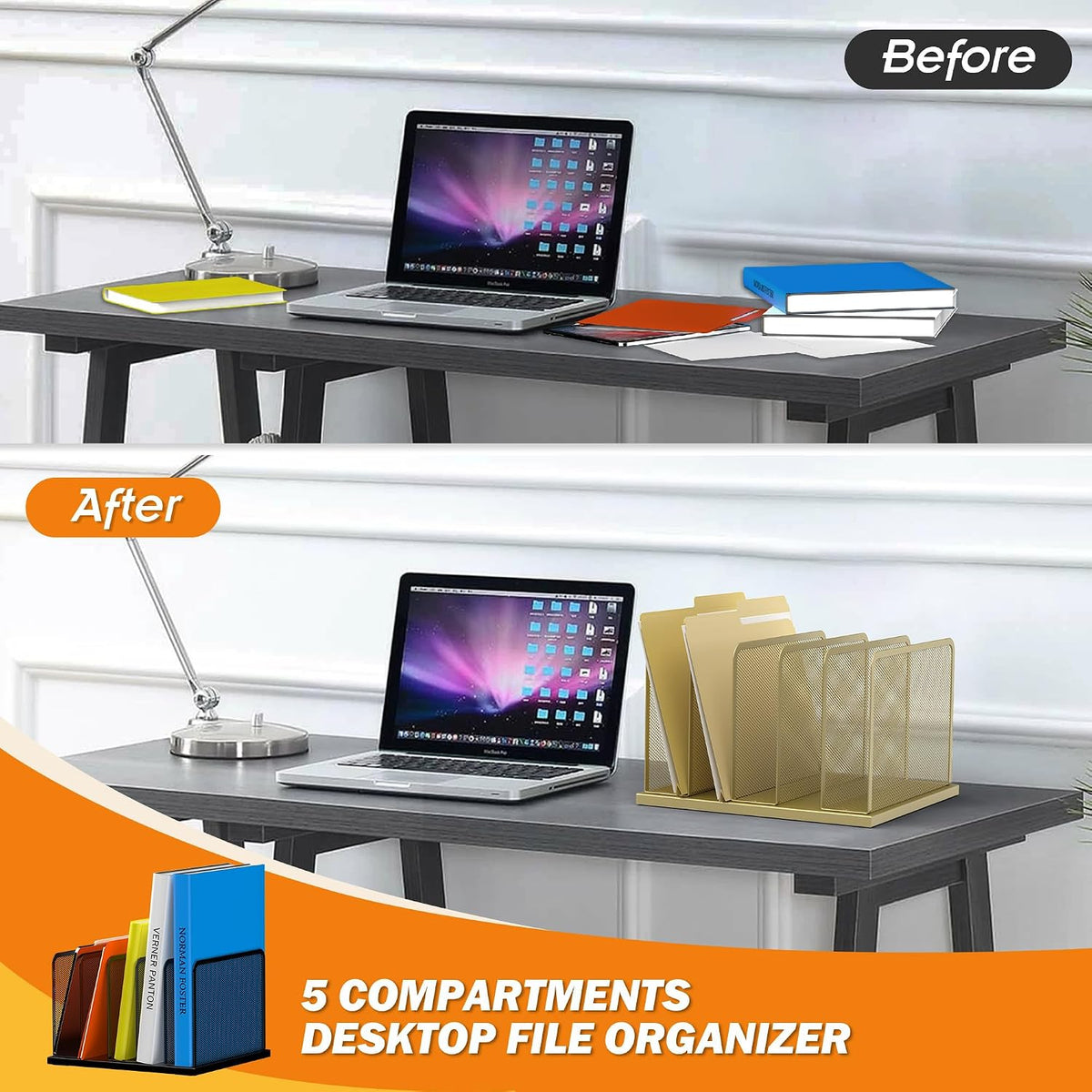 Desk File Organizer Upright Mesh Desktop Organizer File Sorter Office Organization File Holder for Home, Office & Classroom (Black, 5-Section)