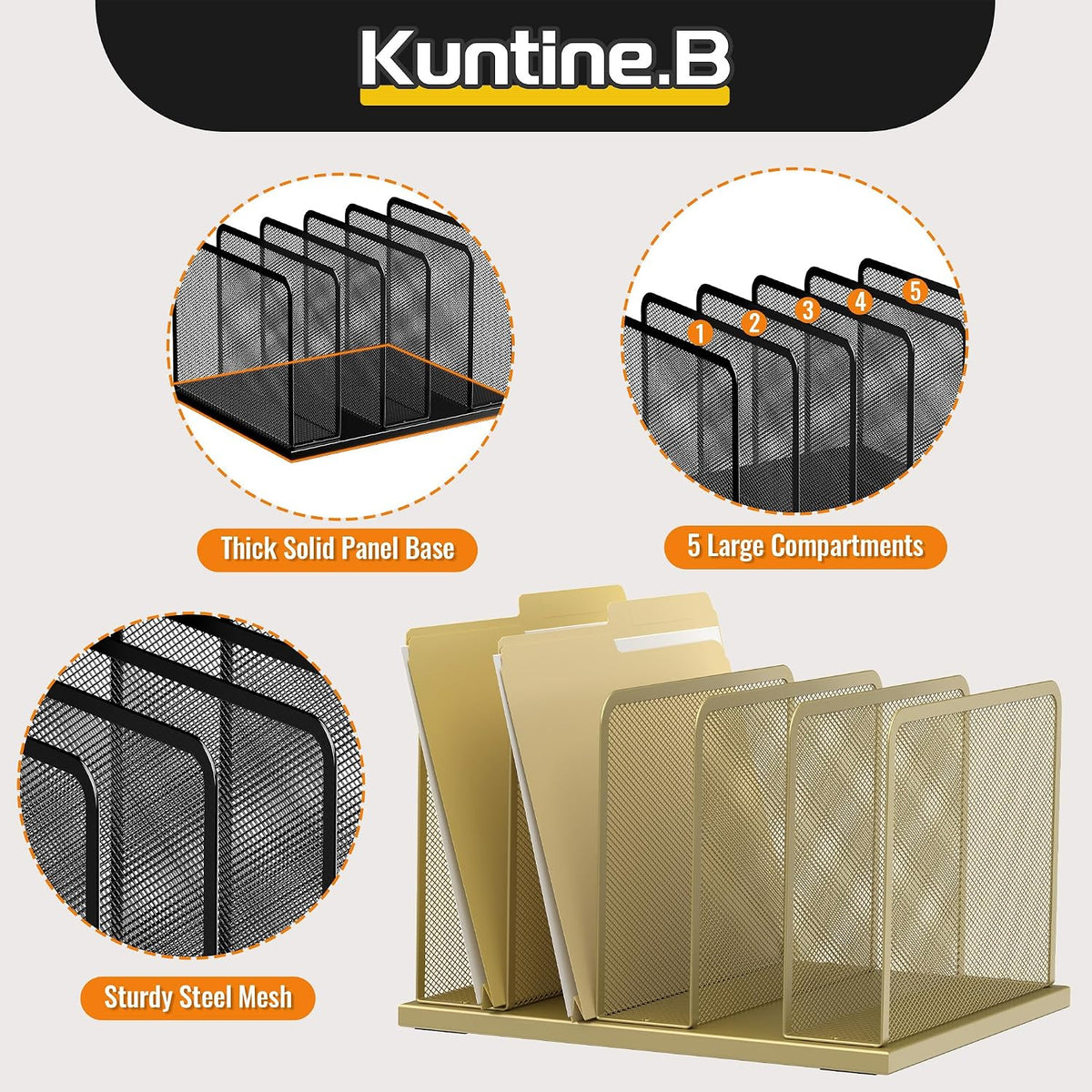 Desk File Organizer Upright Mesh Desktop Organizer File Sorter Office Organization File Holder for Home, Office & Classroom (Black, 5-Section)