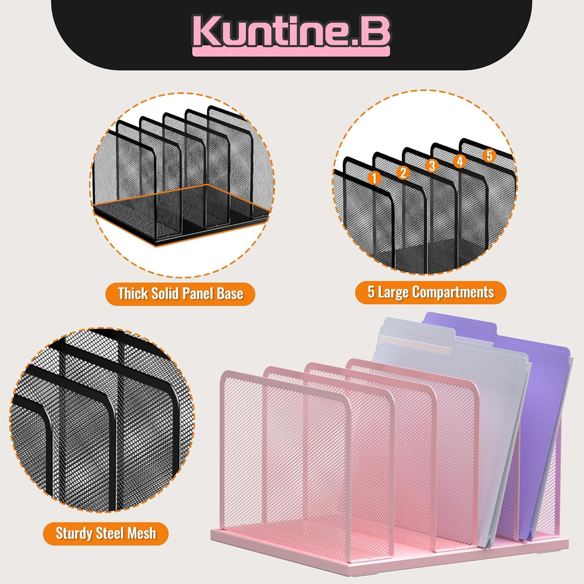 Desk File Organizer Upright Mesh Desktop Organizer File Sorter Office Organization File Holder for Home, Office & Classroom (Black, 5-Section)