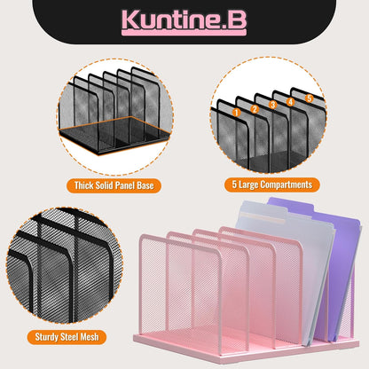 Desk File Organizer Upright Mesh Desktop Organizer File Sorter Office Organization File Holder for Home, Office & Classroom (Black, 5-Section)