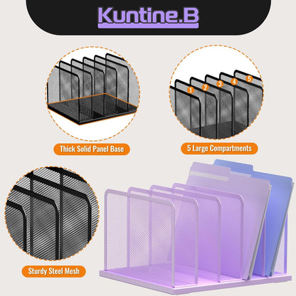 Desk File Organizer Upright Mesh Desktop Organizer File Sorter Office Organization File Holder for Home, Office & Classroom (Black, 5-Section)