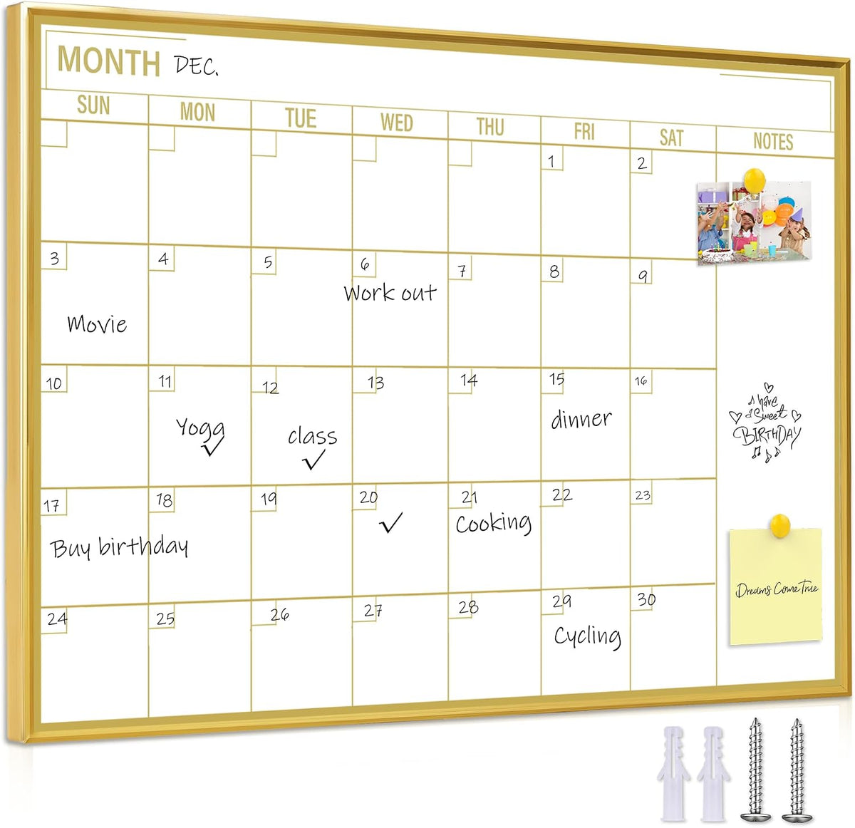 Golden Monthly Dry Erase Calendar Whiteboard for wall-16"X12" Portable Aluminum Frame,Magnetic Calendar White Board,Wall Planner Dry Erase Board for Office, Kitchen, School, Home-GG