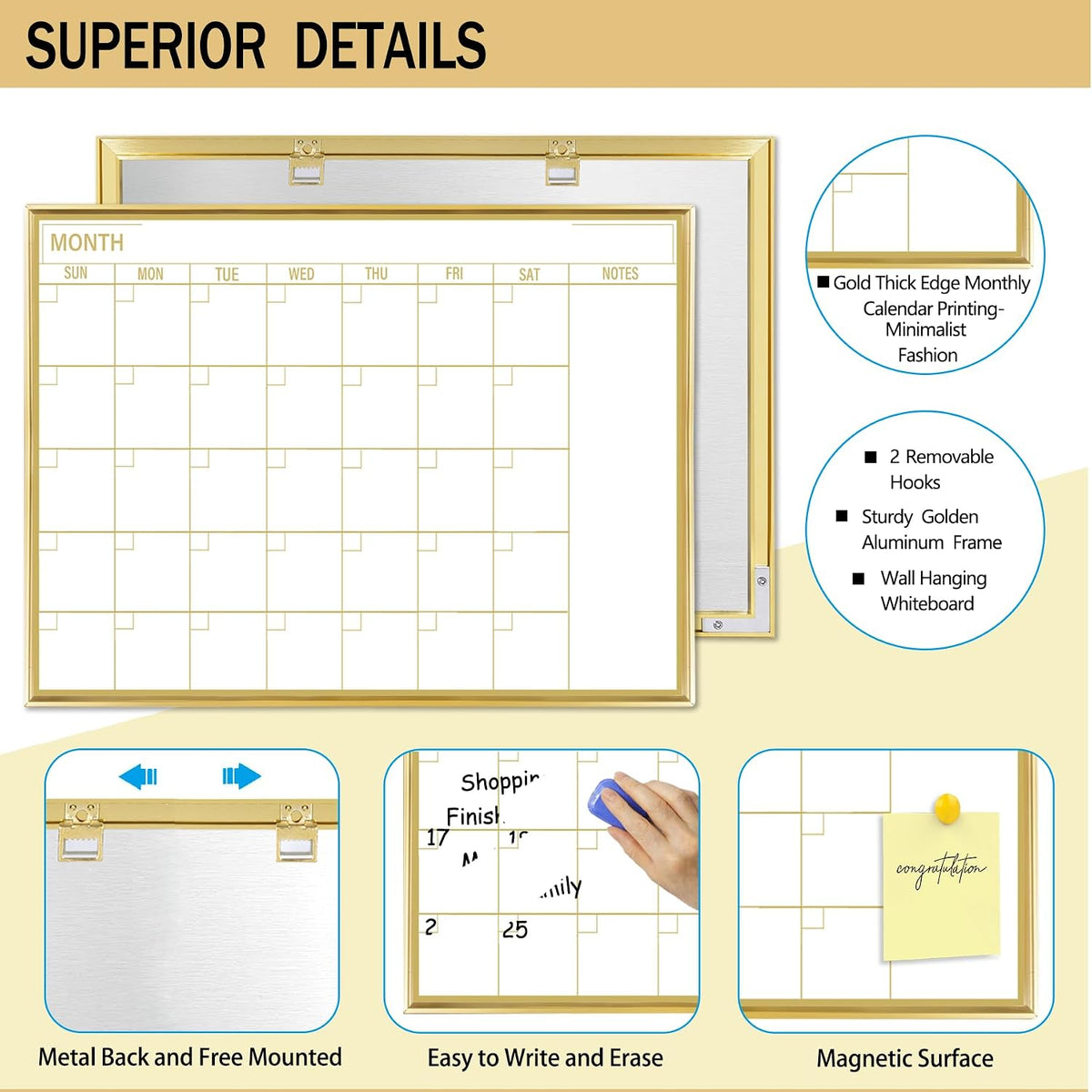 Golden Monthly Dry Erase Calendar Whiteboard for wall-16"X12" Portable Aluminum Frame,Magnetic Calendar White Board,Wall Planner Dry Erase Board for Office, Kitchen, School, Home-GG