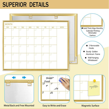 Golden Monthly Dry Erase Calendar Whiteboard for wall-16"X12" Portable Aluminum Frame,Magnetic Calendar White Board,Wall Planner Dry Erase Board for Office, Kitchen, School, Home-GG