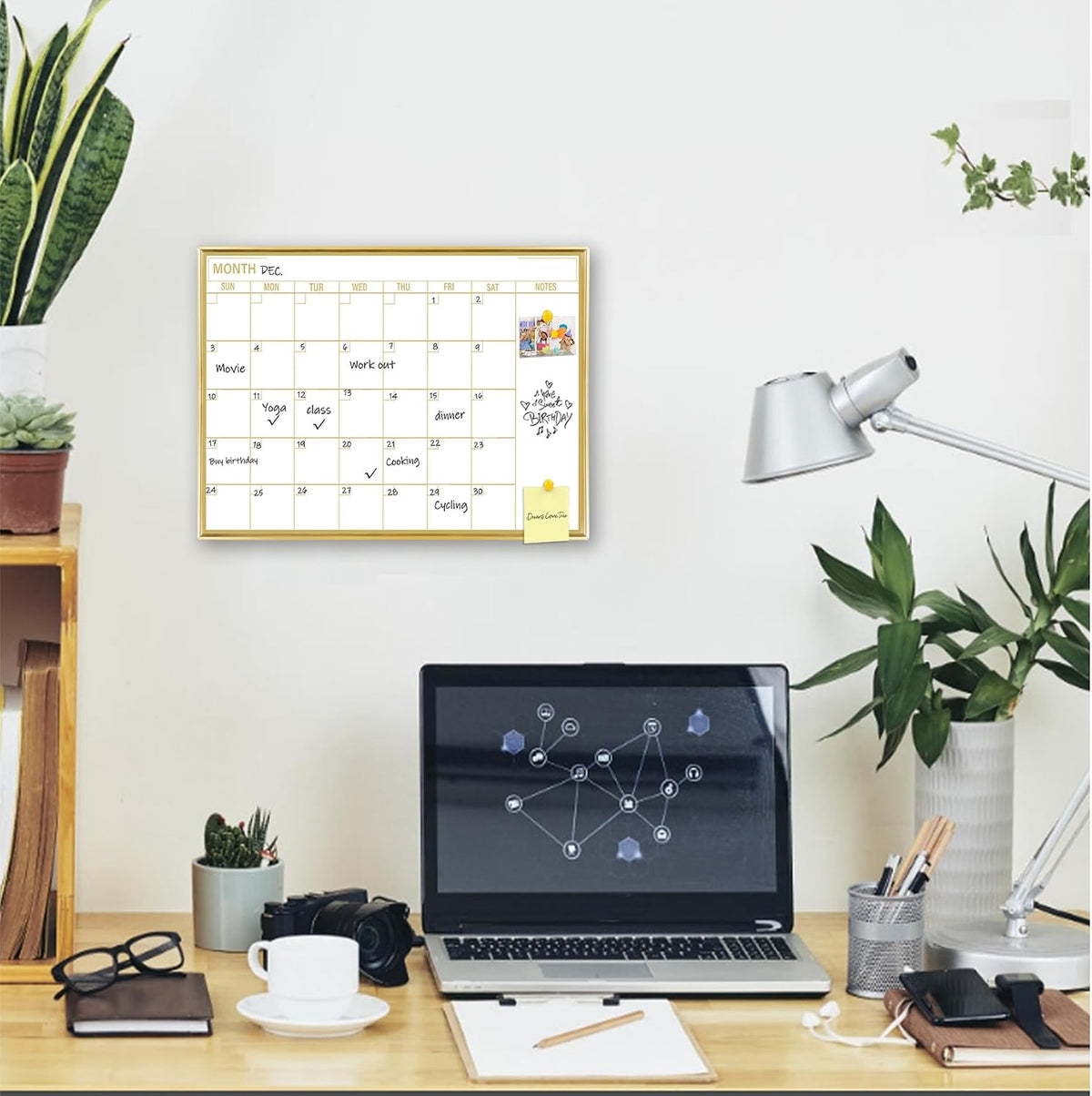 Golden Monthly Dry Erase Calendar Whiteboard for wall-16"X12" Portable Aluminum Frame,Magnetic Calendar White Board,Wall Planner Dry Erase Board for Office, Kitchen, School, Home-GG