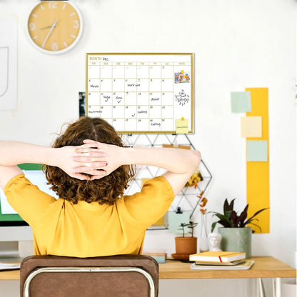 Golden Monthly Dry Erase Calendar Whiteboard for wall-16"X12" Portable Aluminum Frame,Magnetic Calendar White Board,Wall Planner Dry Erase Board for Office, Kitchen, School, Home-GG