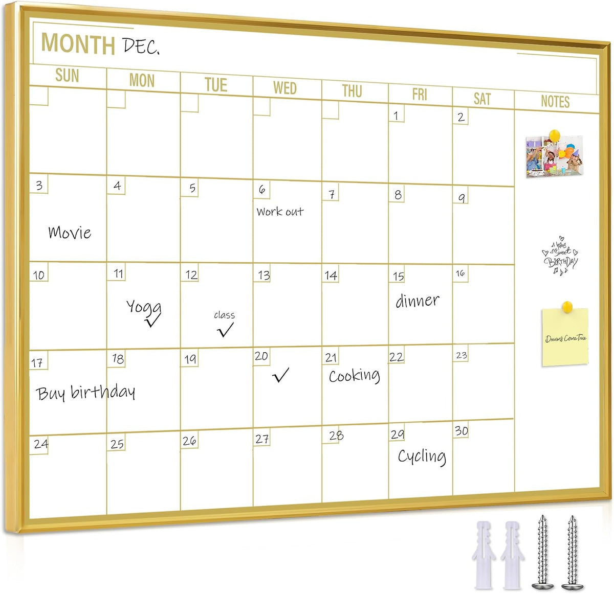 Golden Monthly Dry Erase Calendar Whiteboard for wall-16"X12" Portable Aluminum Frame,Magnetic Calendar White Board,Wall Planner Dry Erase Board for Office, Kitchen, School, Home-GG