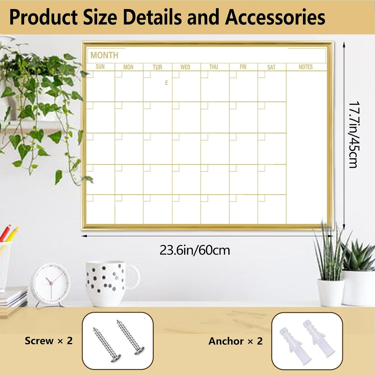 Golden Monthly Dry Erase Calendar Whiteboard for wall-16"X12" Portable Aluminum Frame,Magnetic Calendar White Board,Wall Planner Dry Erase Board for Office, Kitchen, School, Home-GG