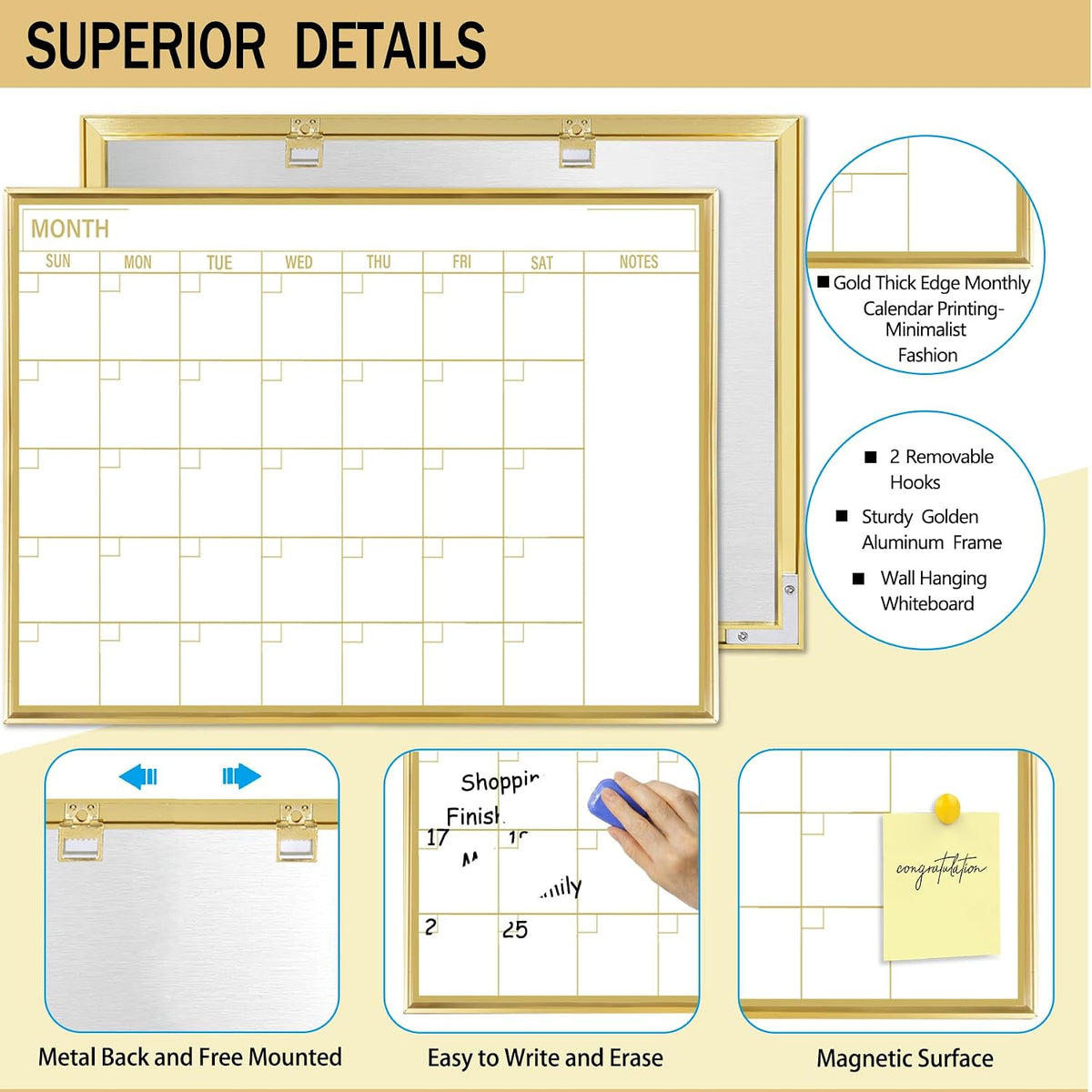 Golden Monthly Dry Erase Calendar Whiteboard for wall-16"X12" Portable Aluminum Frame,Magnetic Calendar White Board,Wall Planner Dry Erase Board for Office, Kitchen, School, Home-GG