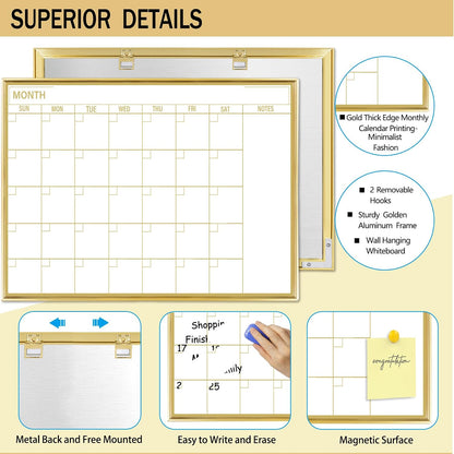 Golden Monthly Dry Erase Calendar Whiteboard for wall-16"X12" Portable Aluminum Frame,Magnetic Calendar White Board,Wall Planner Dry Erase Board for Office, Kitchen, School, Home-GG