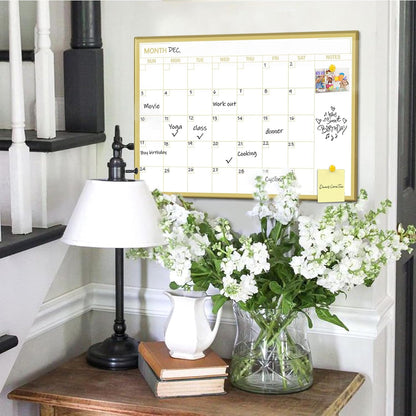 Golden Monthly Dry Erase Calendar Whiteboard for wall-16"X12" Portable Aluminum Frame,Magnetic Calendar White Board,Wall Planner Dry Erase Board for Office, Kitchen, School, Home-GG