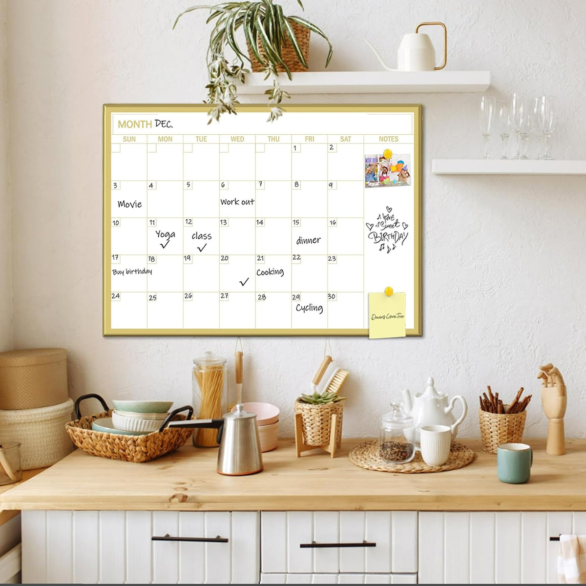 Golden Monthly Dry Erase Calendar Whiteboard for wall-16"X12" Portable Aluminum Frame,Magnetic Calendar White Board,Wall Planner Dry Erase Board for Office, Kitchen, School, Home-GG