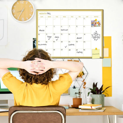 Golden Monthly Dry Erase Calendar Whiteboard for wall-16"X12" Portable Aluminum Frame,Magnetic Calendar White Board,Wall Planner Dry Erase Board for Office, Kitchen, School, Home-GG