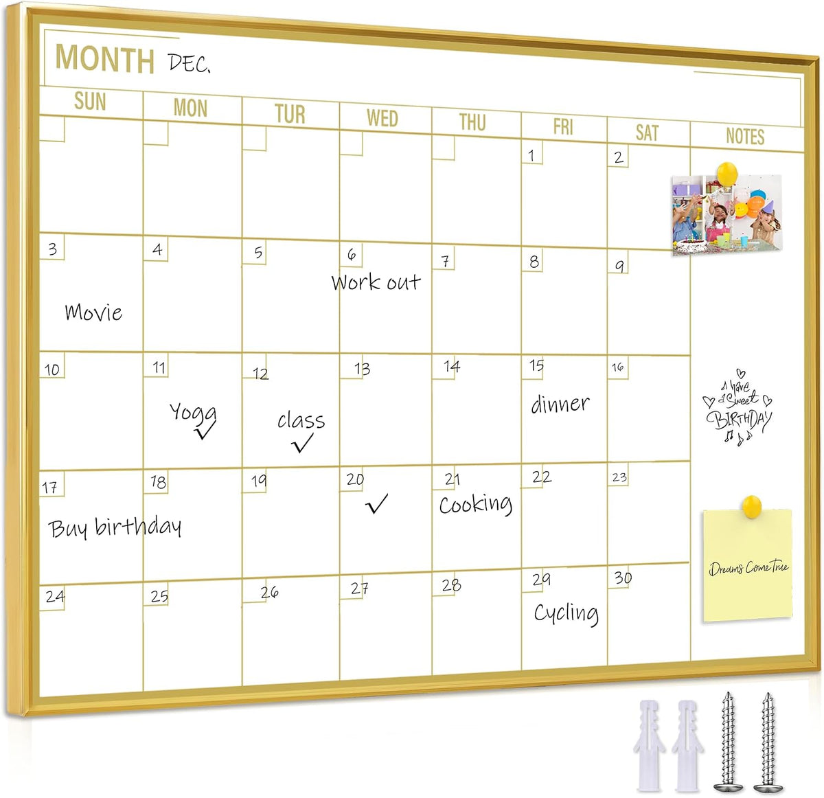 Golden Monthly Dry Erase Calendar Whiteboard for wall-16"X12" Portable Aluminum Frame,Magnetic Calendar White Board,Wall Planner Dry Erase Board for Office, Kitchen, School, Home-GG