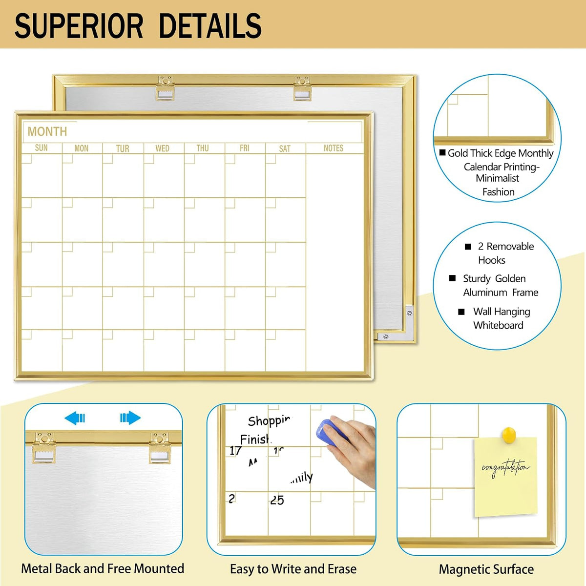 Golden Monthly Dry Erase Calendar Whiteboard for wall-16"X12" Portable Aluminum Frame,Magnetic Calendar White Board,Wall Planner Dry Erase Board for Office, Kitchen, School, Home-GG