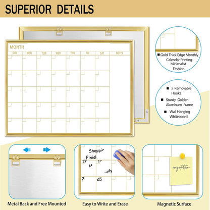 Golden Monthly Dry Erase Calendar Whiteboard for wall-16"X12" Portable Aluminum Frame,Magnetic Calendar White Board,Wall Planner Dry Erase Board for Office, Kitchen, School, Home-GG
