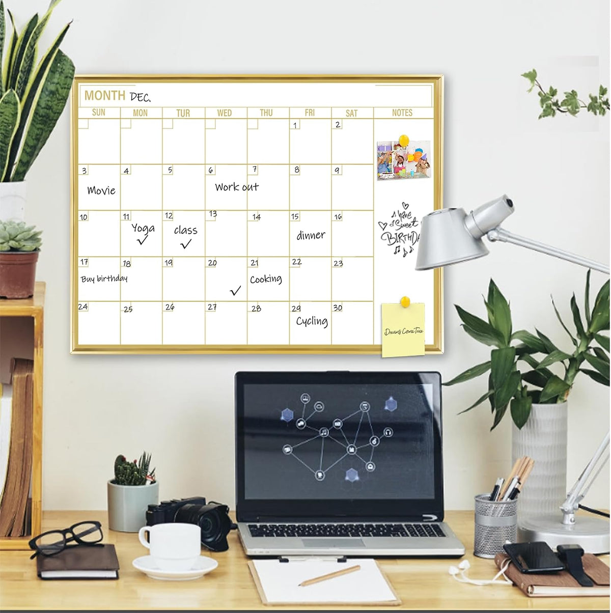 Golden Monthly Dry Erase Calendar Whiteboard for wall-16"X12" Portable Aluminum Frame,Magnetic Calendar White Board,Wall Planner Dry Erase Board for Office, Kitchen, School, Home-GG