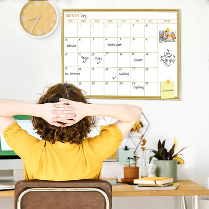 Golden Monthly Dry Erase Calendar Whiteboard for wall-16"X12" Portable Aluminum Frame,Magnetic Calendar White Board,Wall Planner Dry Erase Board for Office, Kitchen, School, Home-GG