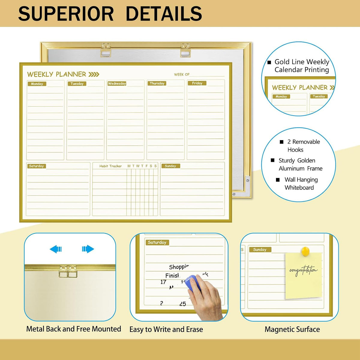 Golden Monthly Dry Erase Calendar Whiteboard for wall-16"X12" Portable Aluminum Frame,Magnetic Calendar White Board,Wall Planner Dry Erase Board for Office, Kitchen, School, Home-GG