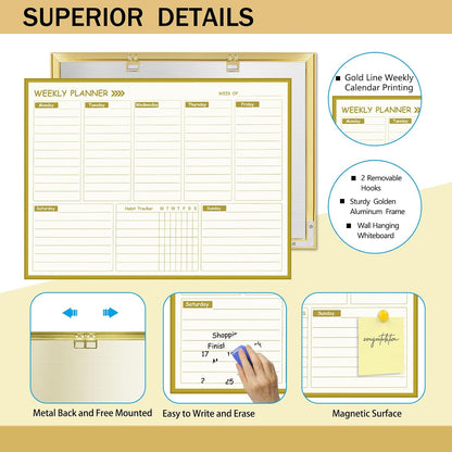 Golden Monthly Dry Erase Calendar Whiteboard for wall-16"X12" Portable Aluminum Frame,Magnetic Calendar White Board,Wall Planner Dry Erase Board for Office, Kitchen, School, Home-GG