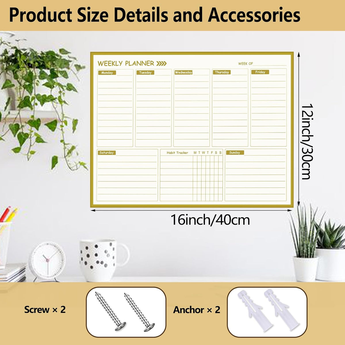 Golden Monthly Dry Erase Calendar Whiteboard for wall-16"X12" Portable Aluminum Frame,Magnetic Calendar White Board,Wall Planner Dry Erase Board for Office, Kitchen, School, Home-GG