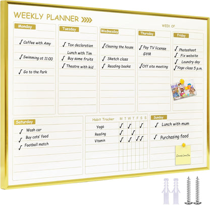 Golden Monthly Dry Erase Calendar Whiteboard for wall-16"X12" Portable Aluminum Frame,Magnetic Calendar White Board,Wall Planner Dry Erase Board for Office, Kitchen, School, Home-GG