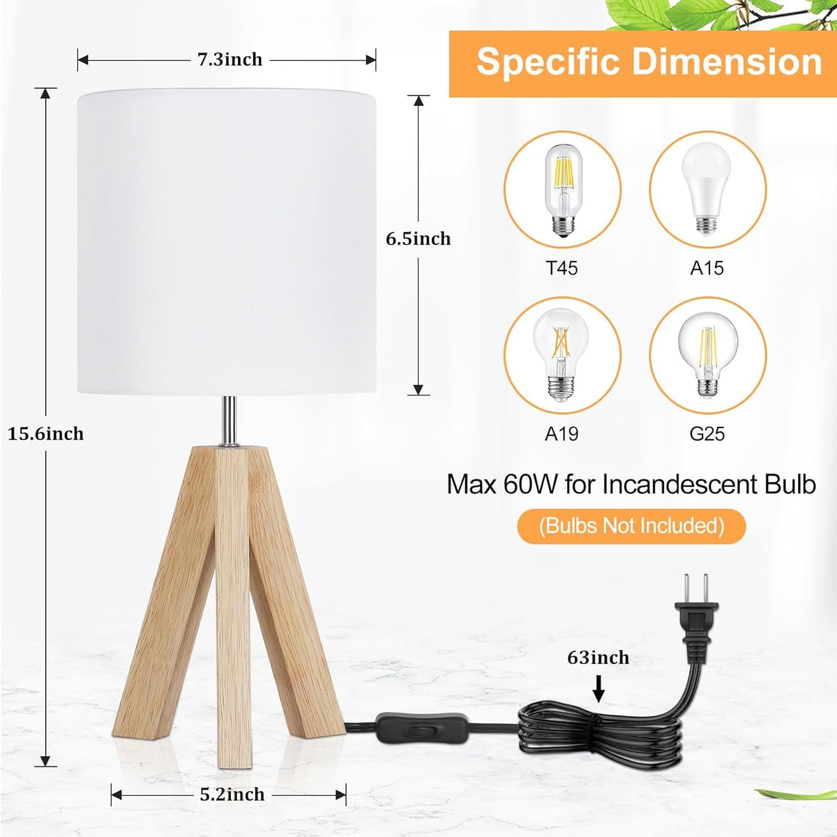 Small Beside Table Lamp, Wood Tripod Table Lamp with White Fabric Shade, Cute Boho Nightstand Minimalist Desk Lamp for Bedroom Living Room Nursery Kids Room Office Dorm, Bulb Not Included