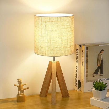 Small Beside Table Lamp, Wood Tripod Table Lamp with White Fabric Shade, Cute Boho Nightstand Minimalist Desk Lamp for Bedroom Living Room Nursery Kids Room Office Dorm, Bulb Not Included