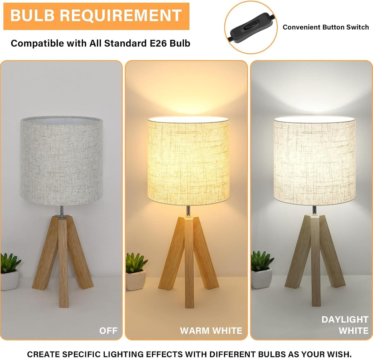Small Beside Table Lamp, Wood Tripod Table Lamp with White Fabric Shade, Cute Boho Nightstand Minimalist Desk Lamp for Bedroom Living Room Nursery Kids Room Office Dorm, Bulb Not Included