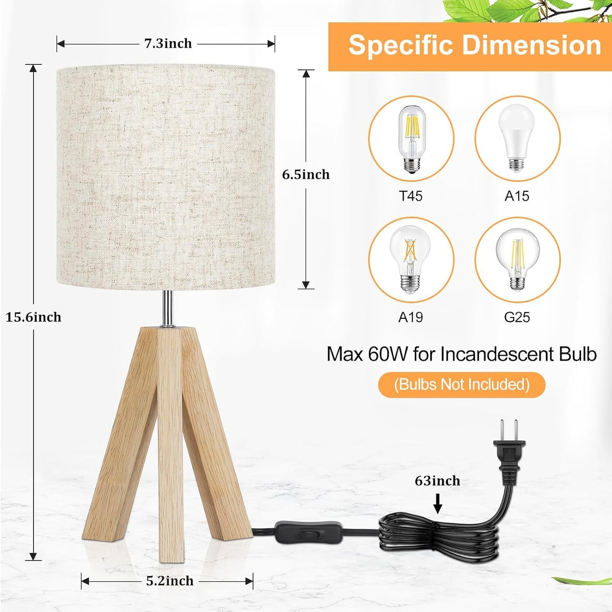 Small Beside Table Lamp, Wood Tripod Table Lamp with White Fabric Shade, Cute Boho Nightstand Minimalist Desk Lamp for Bedroom Living Room Nursery Kids Room Office Dorm, Bulb Not Included