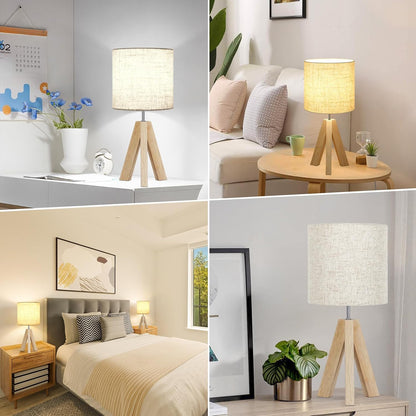 Small Beside Table Lamp, Wood Tripod Table Lamp with White Fabric Shade, Cute Boho Nightstand Minimalist Desk Lamp for Bedroom Living Room Nursery Kids Room Office Dorm, Bulb Not Included