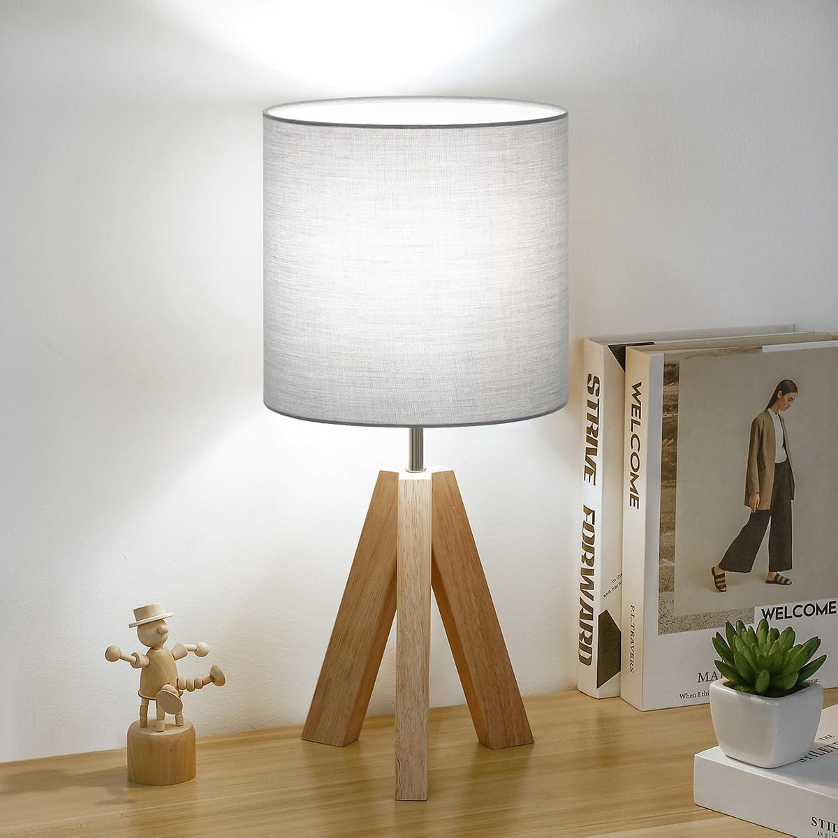 Small Beside Table Lamp, Wood Tripod Table Lamp with White Fabric Shade, Cute Boho Nightstand Minimalist Desk Lamp for Bedroom Living Room Nursery Kids Room Office Dorm, Bulb Not Included