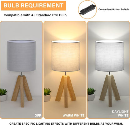 Small Beside Table Lamp, Wood Tripod Table Lamp with White Fabric Shade, Cute Boho Nightstand Minimalist Desk Lamp for Bedroom Living Room Nursery Kids Room Office Dorm, Bulb Not Included